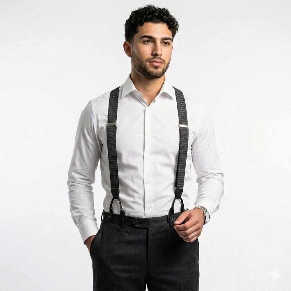 Silk Button End Dress Suspenders Black Y Back